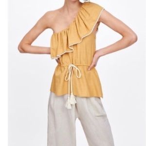 ZARA - Yellow One Shoulder Ruffle Top Medium